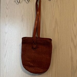 Vintage April Cornell Leather Woven Backpack Bag/ Purse in Dark Caramel